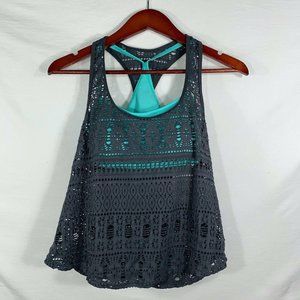 Aqua Tech Swim Teal Top Black Lace Crochet Overlay